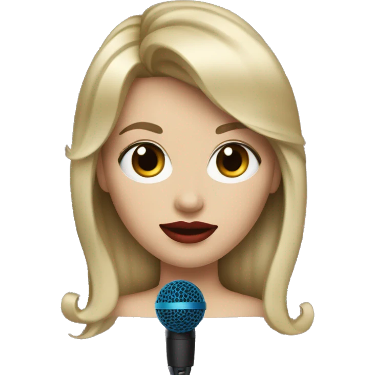 A white woman with dirty blonde hair and bangs with blue eyes and red lipstick with a microphone  emoji