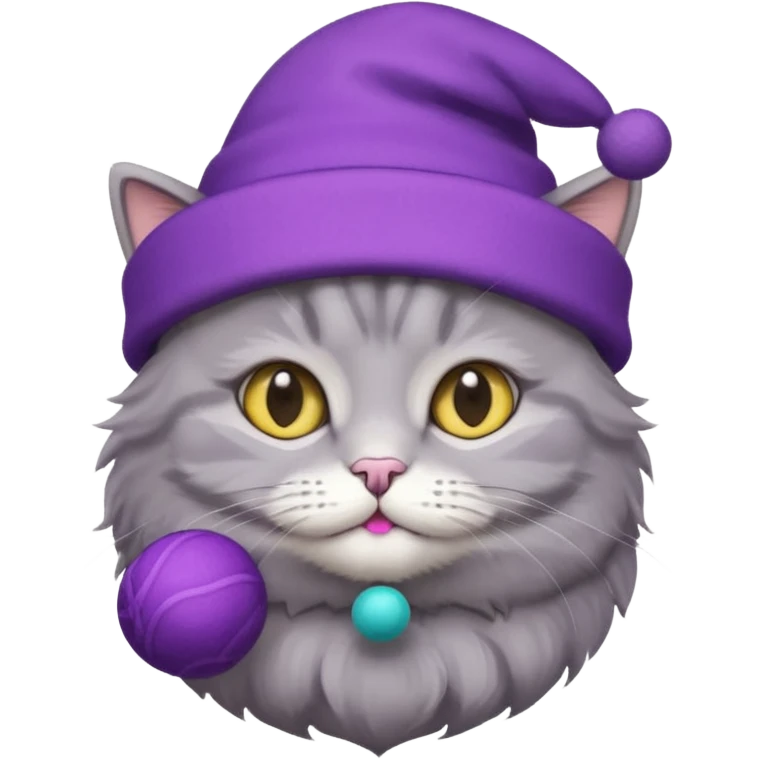 grey cat in tiny purple hat with small ball  emoji