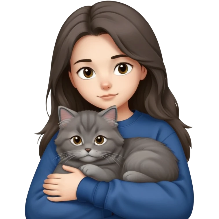 Brunette girl with dark blue sweatshirt snuggling a fluffy grey Siberian cat emoji