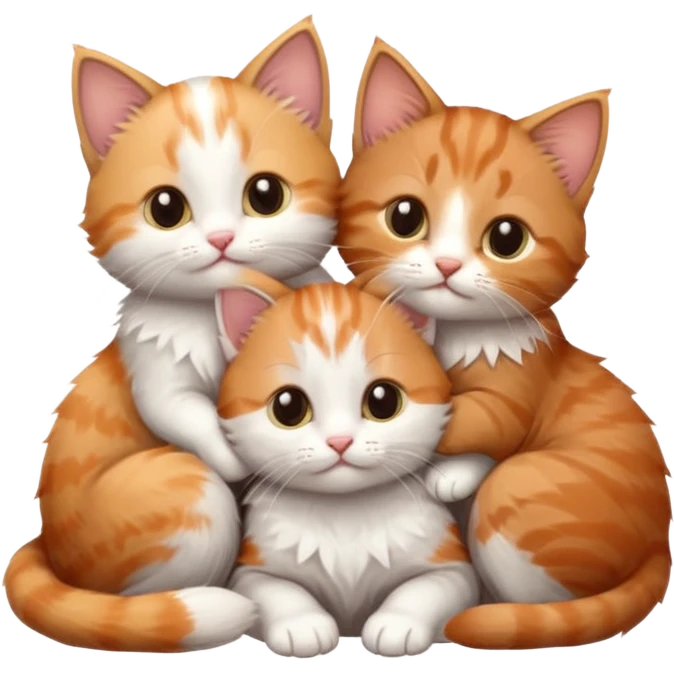 3 tiny kittens cuddling together all different colours, the first one is grey and white, the second is ginger and white and the third is brown tabby and white emoji
