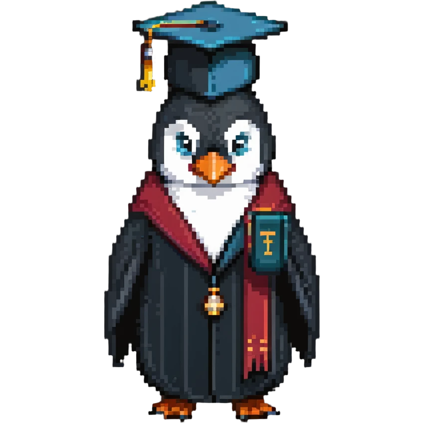 penguin headmaster with mortarboard hat and professor gown emoji