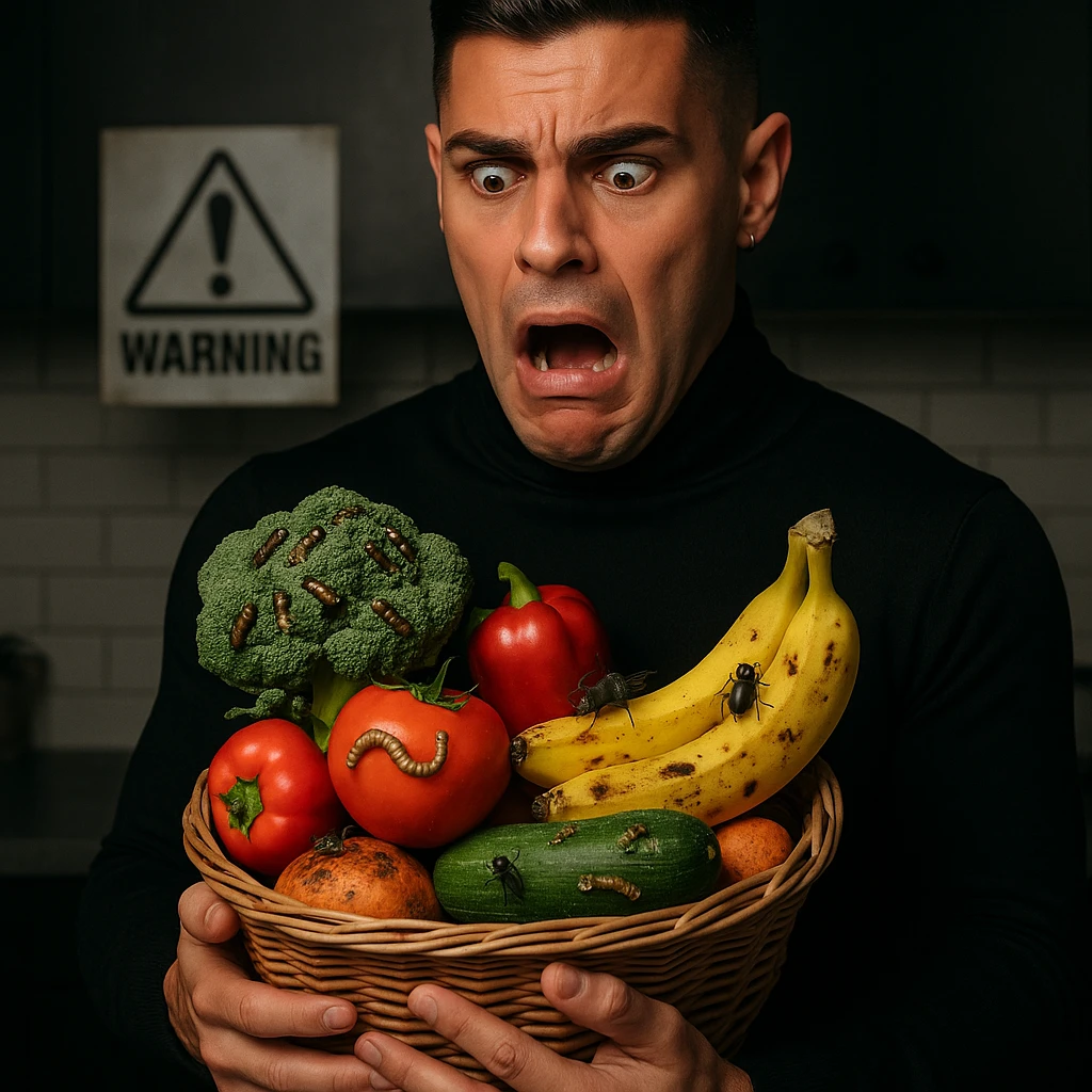 Create a realistic or semi-realistic style image of a 30-year-old man inspired by the reference image, holding a basket of fresh fruits and vegetables. The man has a shocked expression. The produce shows subtle but clear signs of contamination by insects and worms. The background is either a kitchen or garden. Emphasize strong contrast between freshness and contamination, with a health warning tone. emoji
