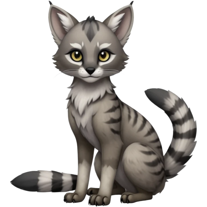Cute kawaii cool edgy badass  ashen grey fur with smoky charcoal ombré fade fantasy-caracal-civet-genet-sergal-vernid-Gryphon-Cacomistle-Trico-oncilla-animal-Fakémon-hybrid-fursona (full body), facial markings, (realism style) emoji