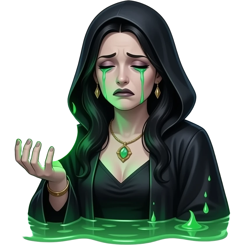 A dark sorcerer’s evil woman is crying expression, she is hand holding a WhatsApp logo burning with green magical flames, liquid creams, text below: 'HAVE YOU MOVED HERE?', cinematic lighting, high-contrast emoji, disgusting, dead, valley of head bones in background emoji
