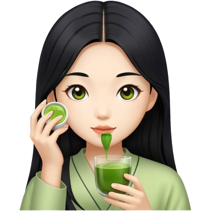Asian girl with black long hair, and Matcha in hand emoji