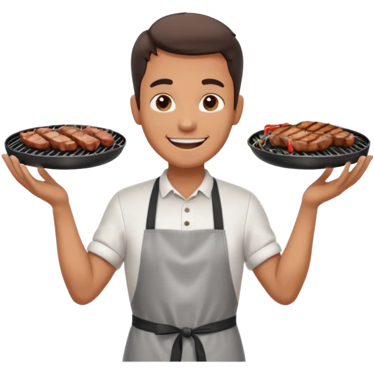 A cheerful man in an apron flipping meat on a sizzling grill with smoke puffing upward. emoji
