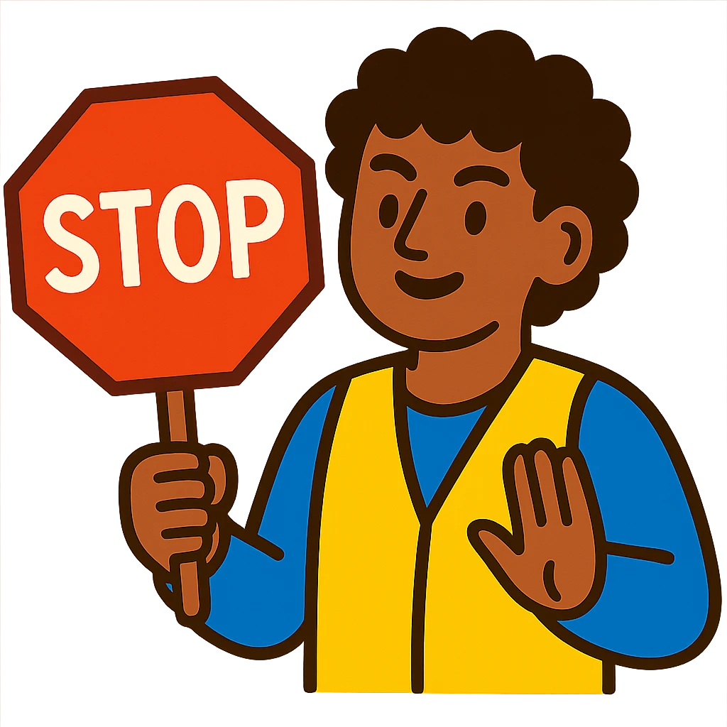 brunette person with curly hair holding a stop sign, vibrant toon style emoji