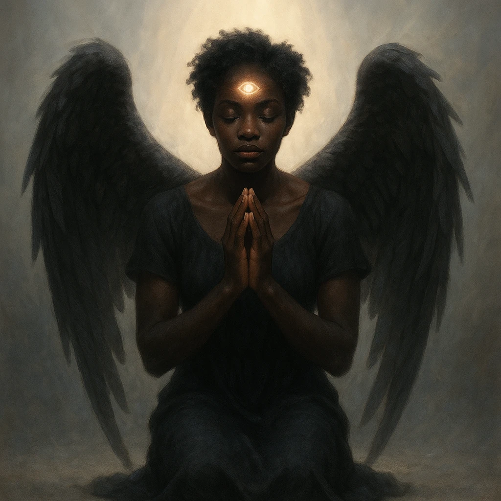 kneeling black angel, hands clasped, glowing third eye, surrounded by soft light emoji