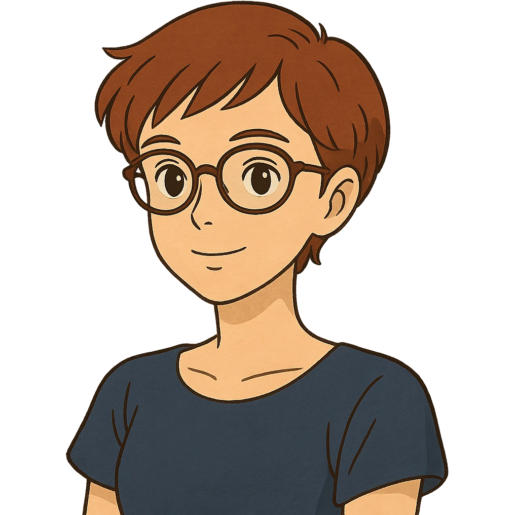 ghibli style woman in her 20s with auburn pixie cut (side part) and glasses emoji