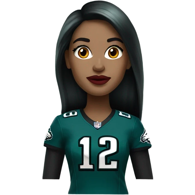 White female long dark hair red lips wearing Philadelphia Eagles jersey emoji