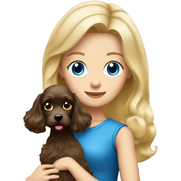 Old blue eyed blonde lady with long straight hair with dark brown Cockapoo puppy dog emoji