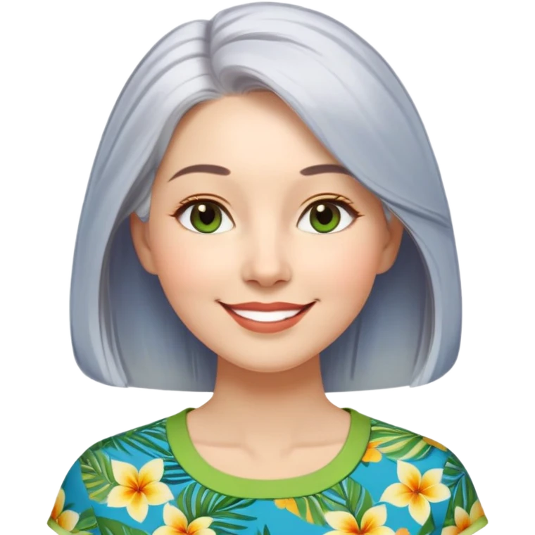 A woman with light complexion, oval face with soft rounded features, full cheeks, gentle almond-shaped eyes with subtle smile lines, longer silver-gray hair parted to the side, wearing a vibrant short-sleeved blouse with tropical print in blue, green, and yellow, exuding warmth and joy. emoji