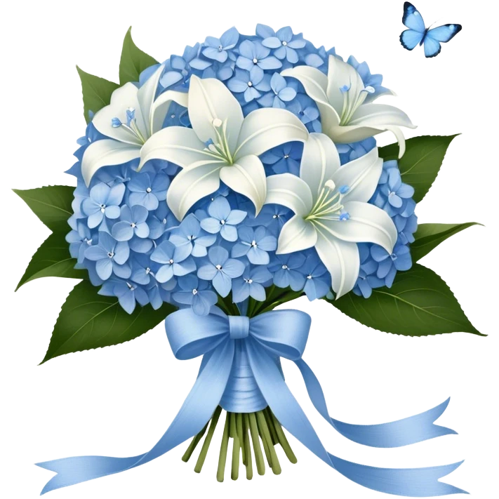 A wooden table adorned with a small bouquet of baby blue hydrangeas and creamy white lilies, wrapped in a softly frayed linen ribbon. A single blue butterfly, dusted with a hint of silver, rests lightly on the bouquet, as if drawn to its delicate fragrance. emoji
