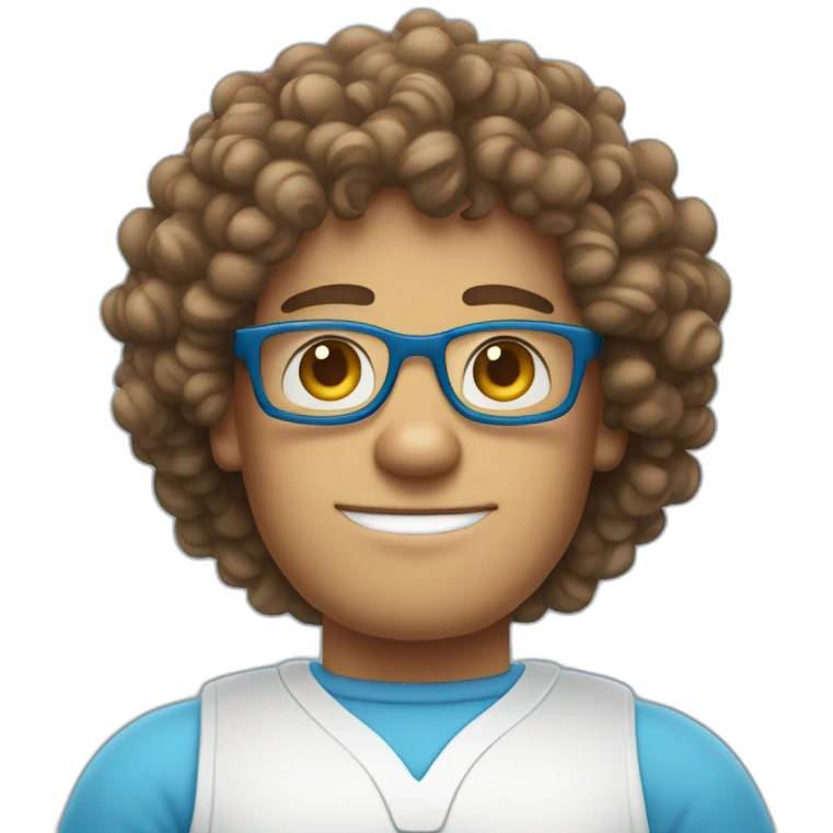 Curly haired blue eyedversion of Mr Clean arms crossed with glasses emoji