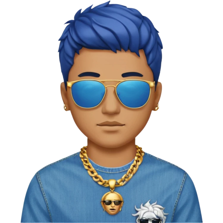 man emoji with trendy haircut, sunglasses on head, blue Versace shirt with gold details and Medusa logo, chain necklace, jeans emoji