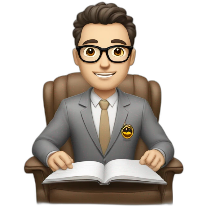 Pale skinned Fit Man With dark brown hair in gray jacket, beige office shirt and vintage glasses sitting In a soft chair with a notebook with emblem Ψ and a pen in his hands emoji
