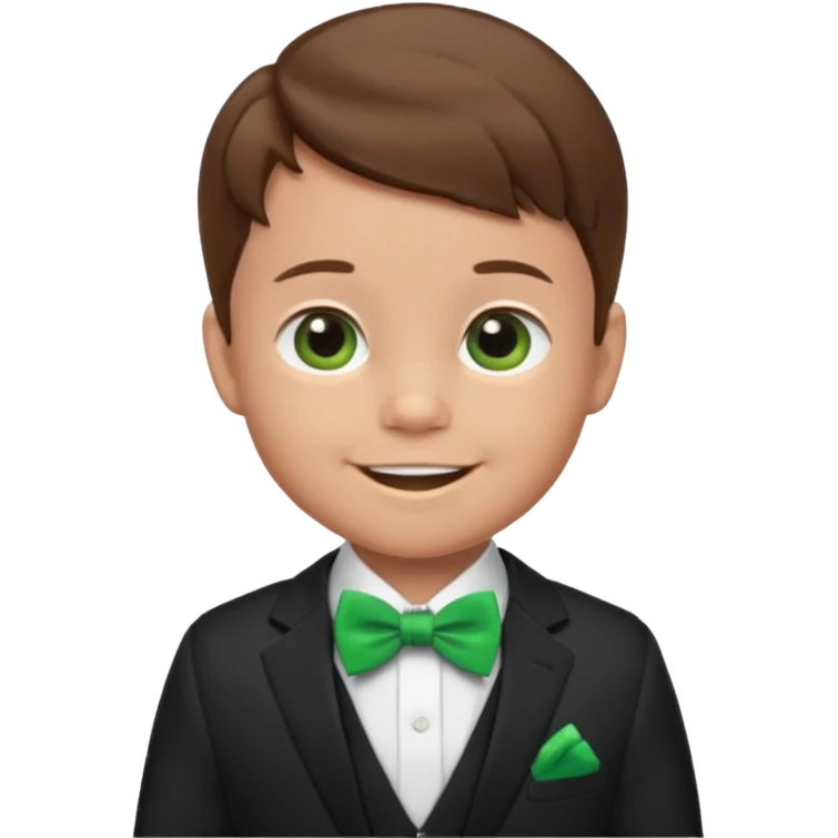 baby boy, brown hair in suit, with green bow, smile emoji