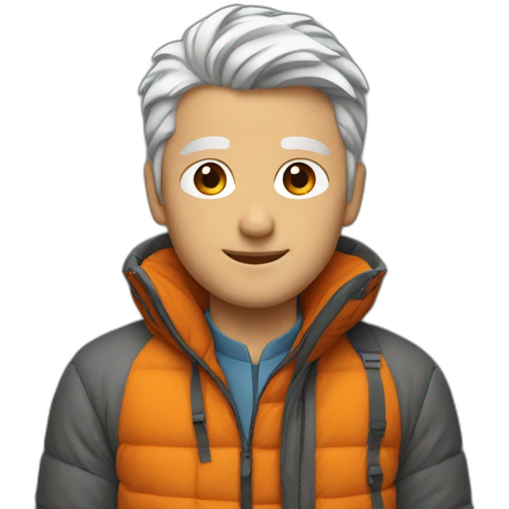 young gray-haired white man with an orange down jacket emoji