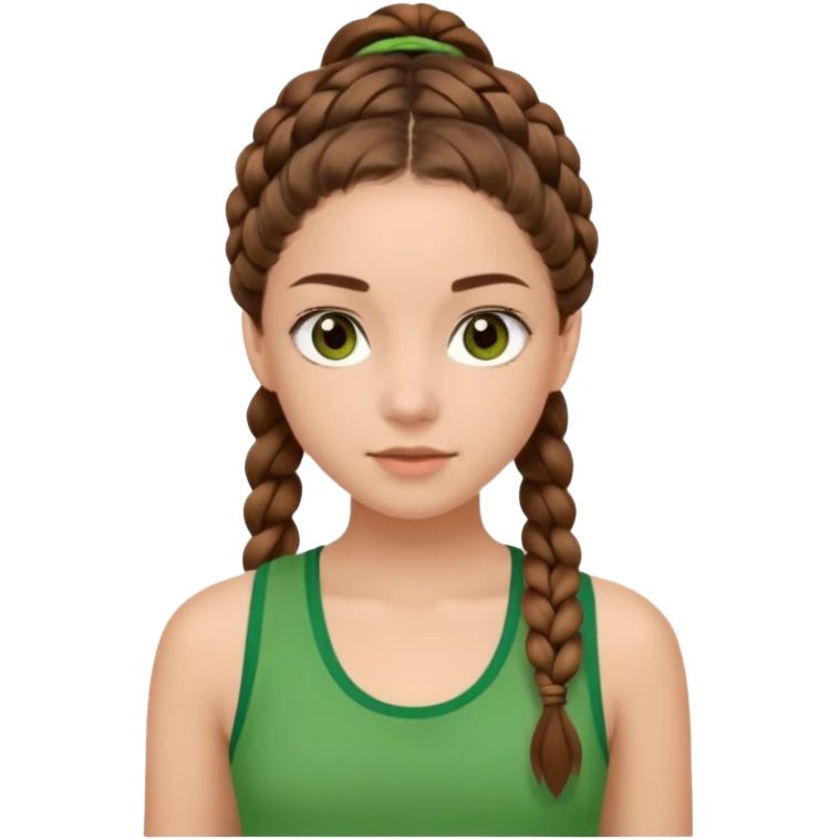 Kahverengi at kuyruklu ışıltılı bir örgülü kahverengi gözlü yeşil formalı içine yeşil atletli çekik gözlü bir kız emoji