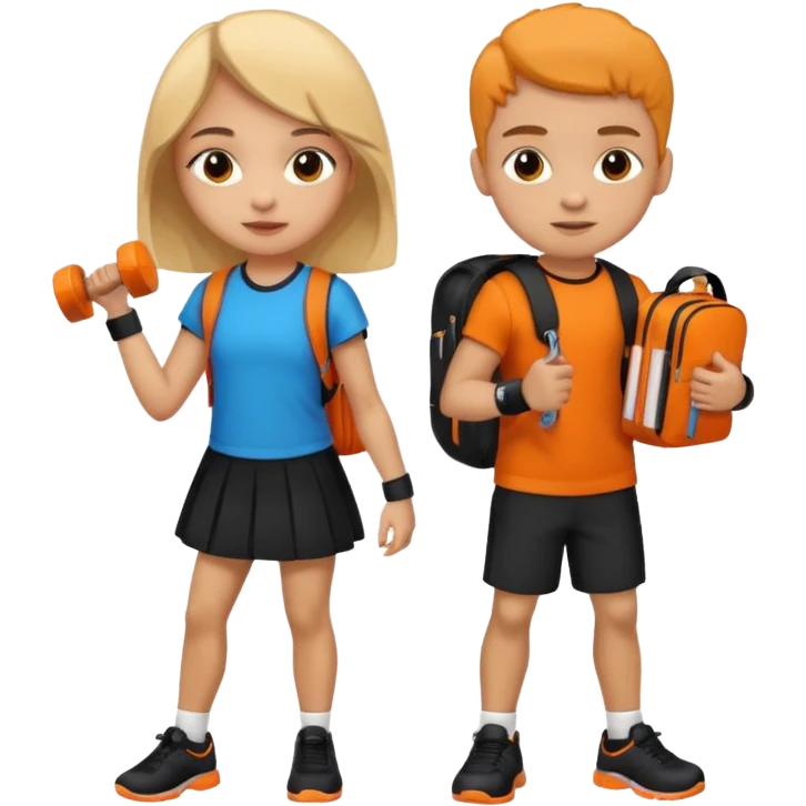 light skin students girl and boy with school bag full of books on back and dumbell in hand. Clothes are in black and orange colours  emoji