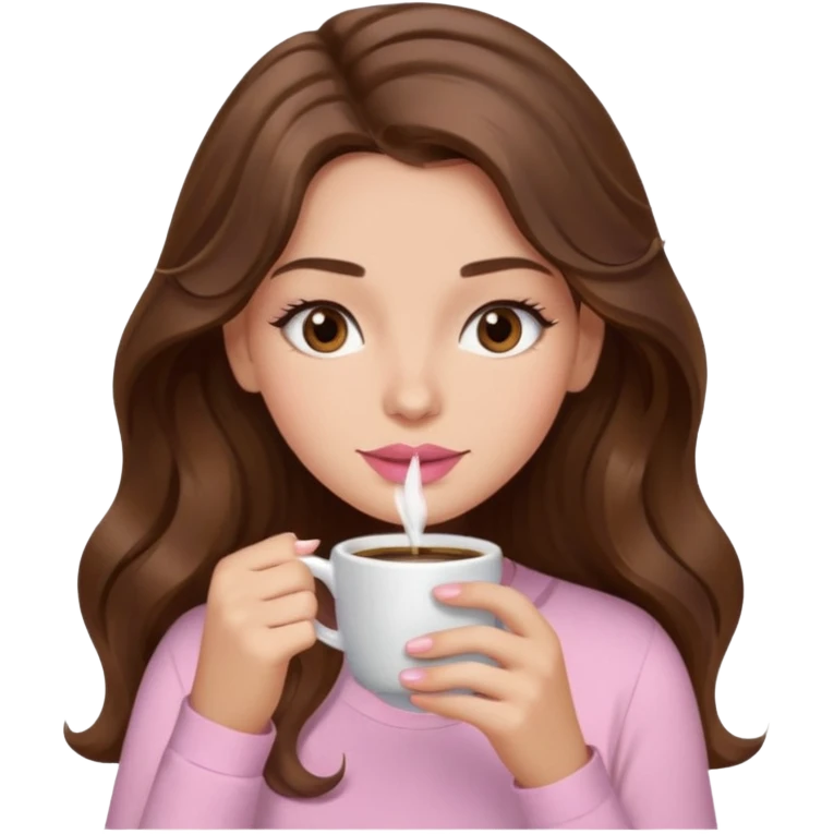 girl with wavy long brown hair, brown eyes, light to medium complexion, long lashes, light pink lipstick, wearing light pink shirt, sipping coffee emoji