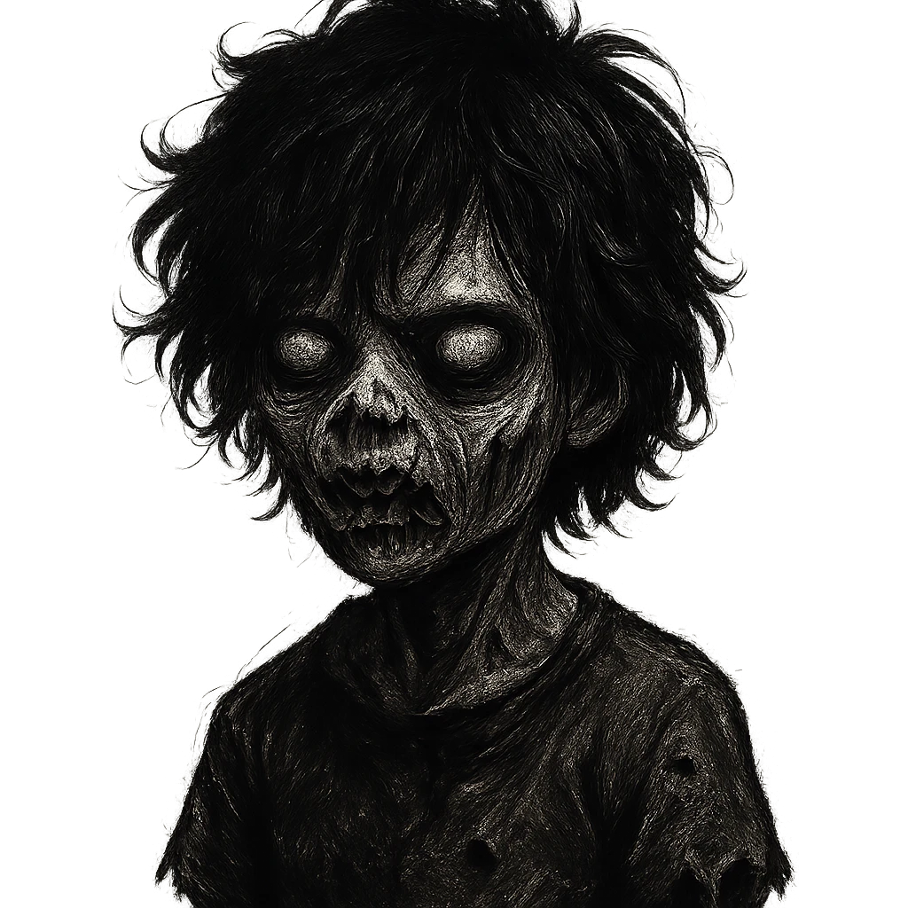 boy zombie with black, medium-long, emo, shaggy, curly, messy hair, dark and spooky, creepy expression emoji