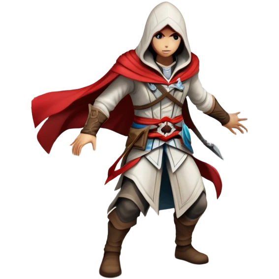 An icon representing an adventure game, inspired by Assassin's Creed. The design features a heroic character in hooded attire, scaling a tall building in a historical cityscape. The background shows ancient architecture and hidden symbols, symbolizing exploration and stealth. Transparent background  emoji