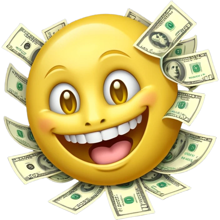 3D glossy emoji sticker, dollar-sign eyes, huge toothy grin, mouth stuffed with US dollar bills spilling out, floating banknotes, centered, transparent background emoji