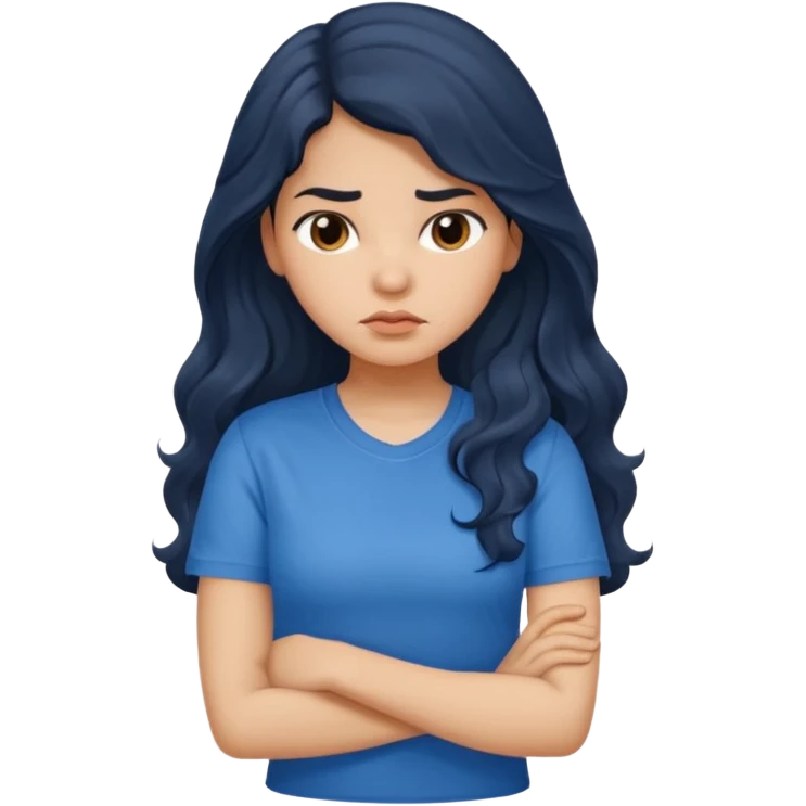 Hispanic girl with long dark wavy hair crossing her arms and slightly pouting emoji