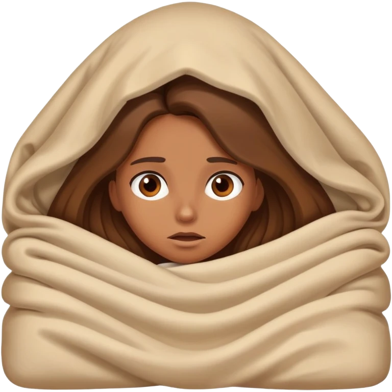 a tanned girl with brown long hair laying in bed hid under the blanket  in fear emoji