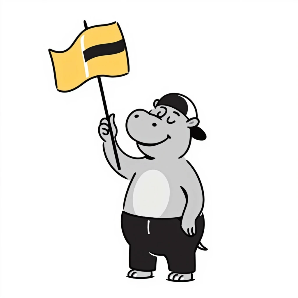 hippo holding a yellow flag wearing a baseball cap emoji
