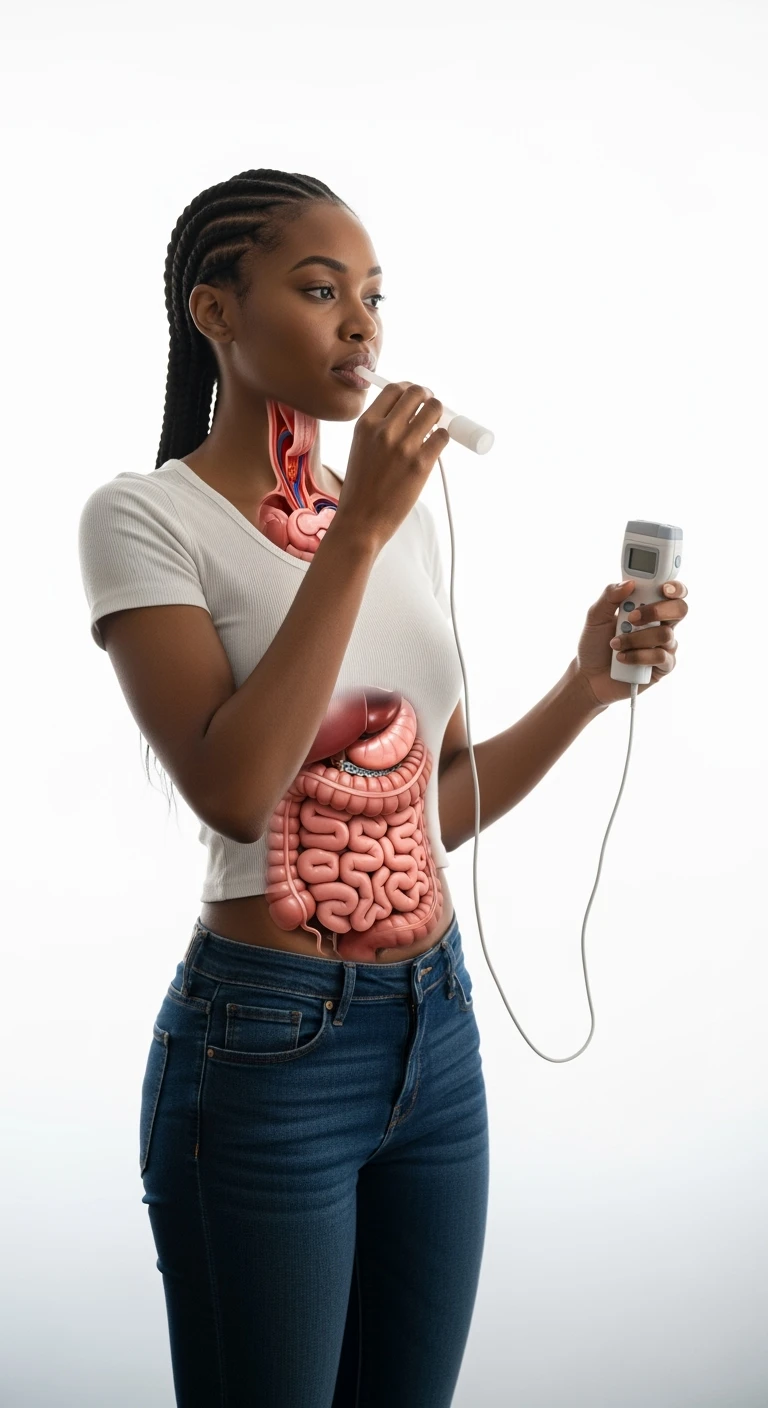 donna a figura intera con intestino anatomico realistico in evidenza che fa il "Breath test", iperrealistica 4k, sfondo bianco emoji