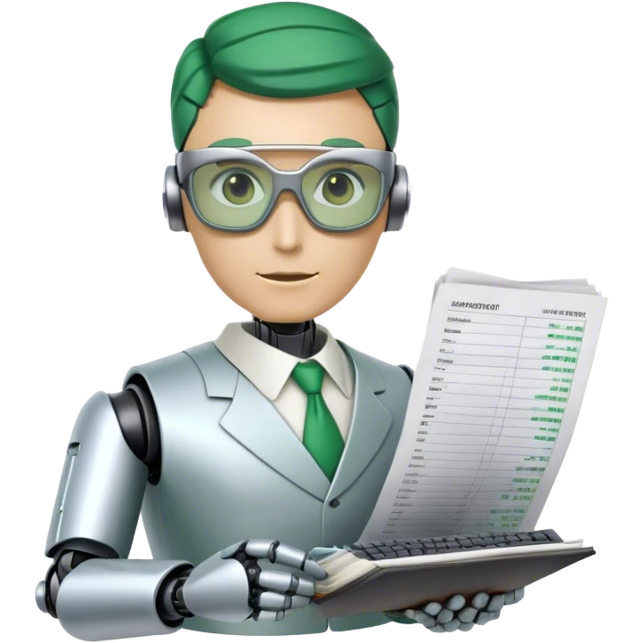human like robot bookkeeper wearing  accountant Green eyeshades  and holding spreadsheets emoji