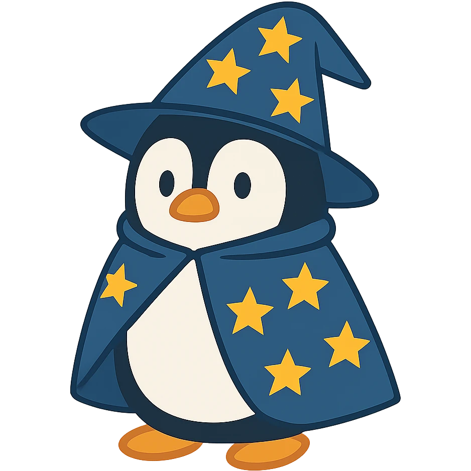 flat toon style penguin wizard with a starry hat and cape emoji