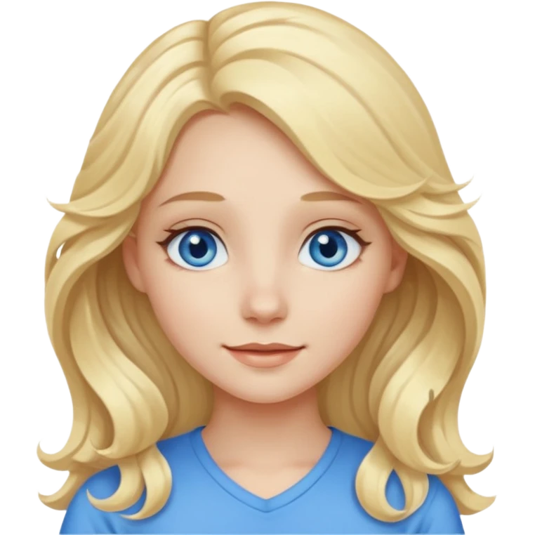 A pale girl with blue eyes and long and blonde , wavy hair , smiling  emoji