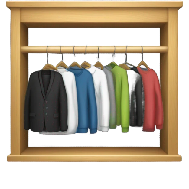 Design an emoji-style icon of an open wardrobe with clothes hanging inside. Include details like a wooden frame, hangers, and black clothing items such as shirts or any other clothing . Use a clean and minimalistic design. emoji