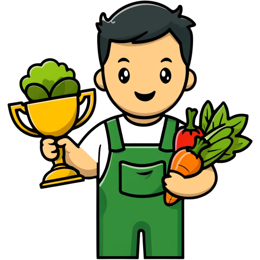 Happy gardener with trophy and prize vegetables emoji