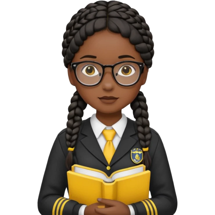 Girl student wearing uniform, glasses, hold yellow book in front of their chest, black braided hair, dark skin emoji