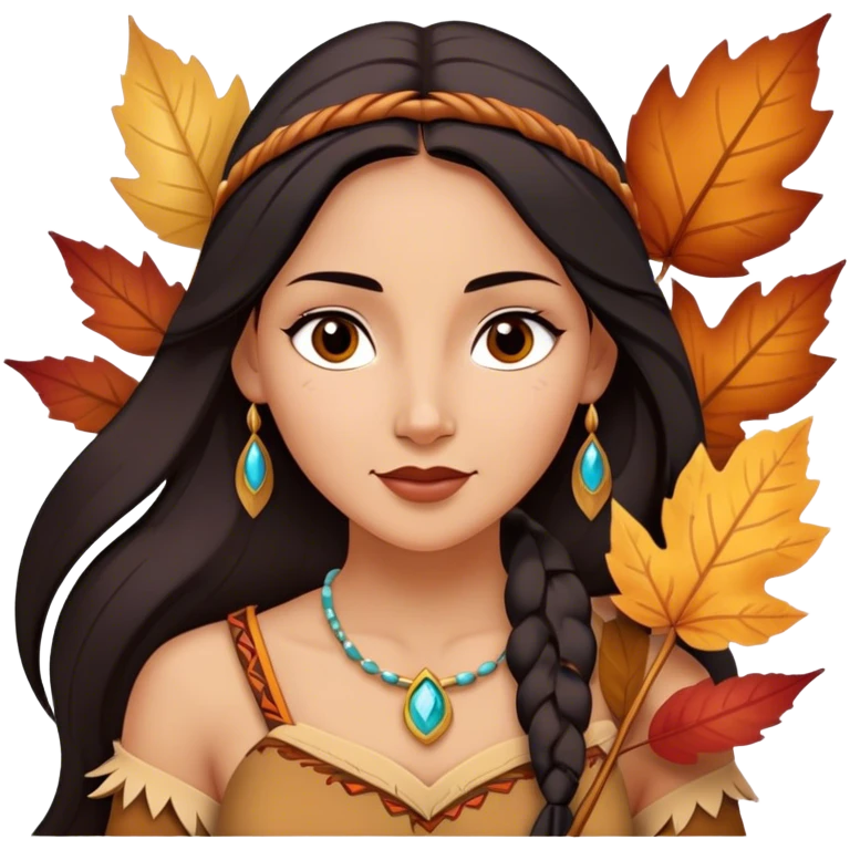 Cinematic Playful Pocahontas Portrait Emoji, Tilting her head with a knowing smirk, holding a delicate autumn leaf, eyes glimmering with adventure, an enchanting blend of confidence and charm, absolutely captivating! emoji