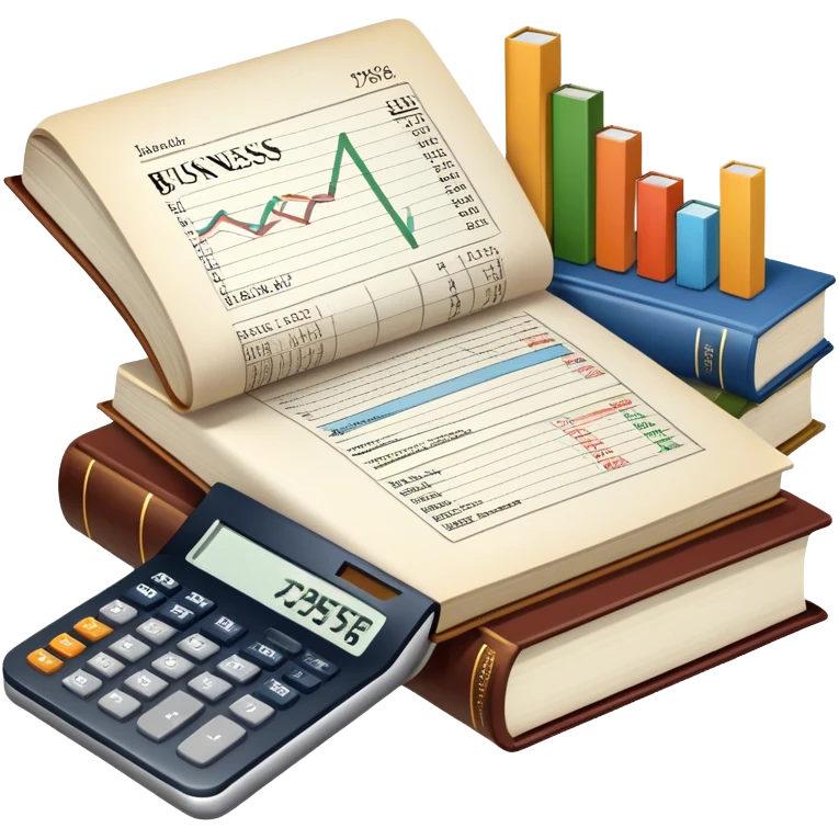 Icon for Business Reading: an open book with graphs, numbers, percentages, formulas, and text on the pages, next to a stack of books, a pile of dollars, a calculator, and a pen. The icon should represent the analytical and strategic nature of business literature. Transparent background. emoji