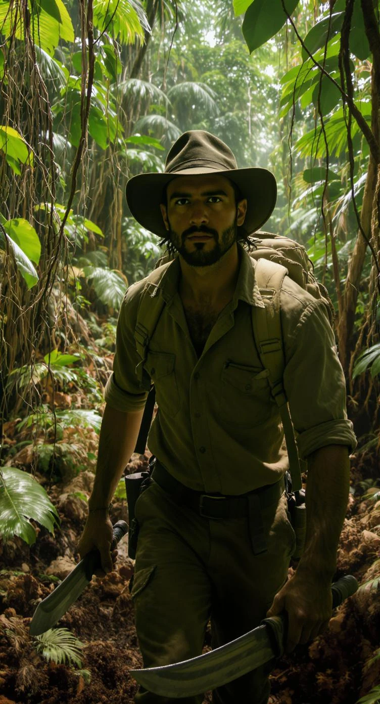 cinematic still, documentary photography, amazon jungle, well lit scene, man is exploring the jungle, close up, front shot emoji