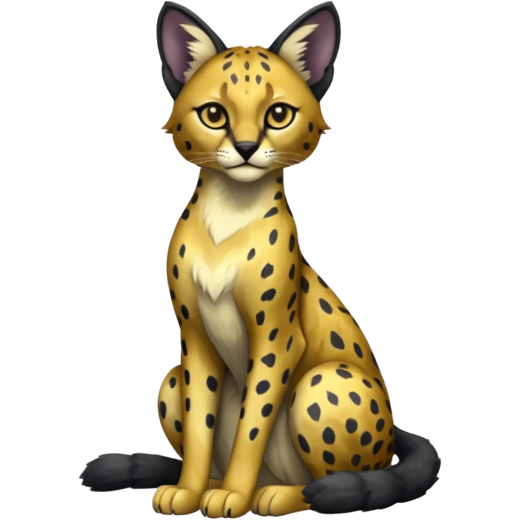 Colorful adorable sitting shiny spectral glittery soft smooth black gloomy dark dull melanistic black-and-gold-glittery wealthy luxurious accessorized elegant beautiful pretty Caracal-Cheetah-Serval-Snow-Leopard-Trico-Sergal-Vernid-fusion-hybrid-animal-creature, full body emoji