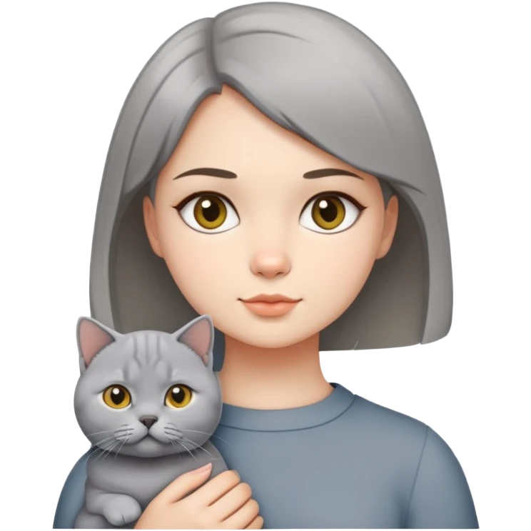 A girl with short middle-parted hair holding a British shorthair emoji