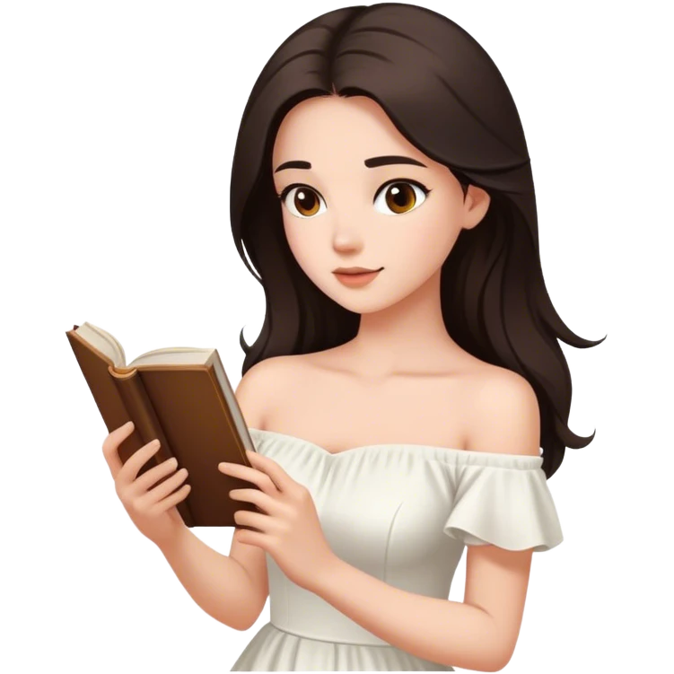 Beautiful woman in 1950’s woman fashion look, off-shoulder white dress, long dark brown hair, reading  emoji