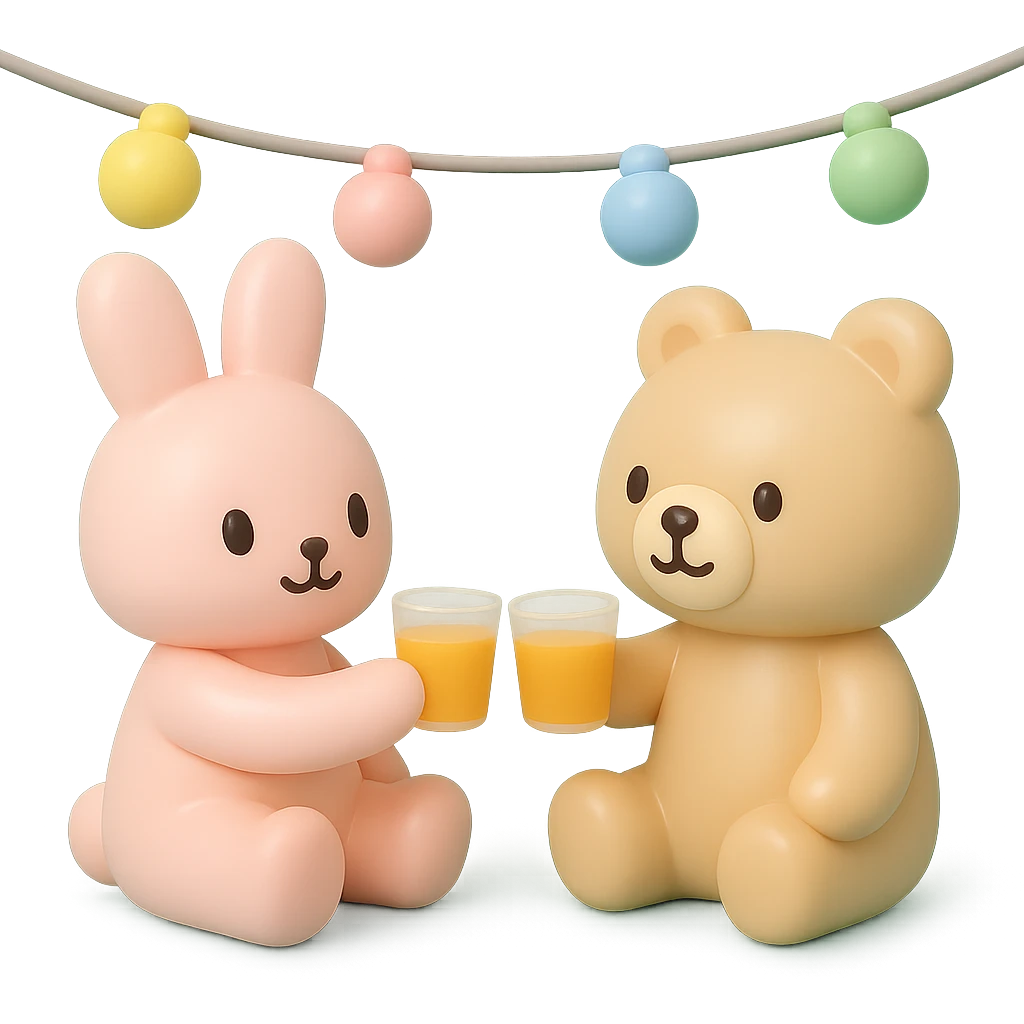 bunny and bear clinking juice cups under string lights, vinyl figure style, smooth and shiny surface emoji