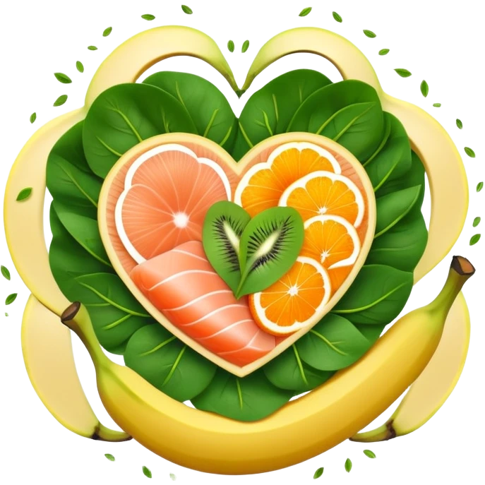 Banana, spinach leaves, salmon, kiwi, pistachios, and orange juice floating in a circle around a glowing heart that pulses with steady rhythm. Waves of electrical energy connect the foods to the heart, muscles, and nerve pathways, showing how potassium regulates fluid balance and electrical signals. emoji