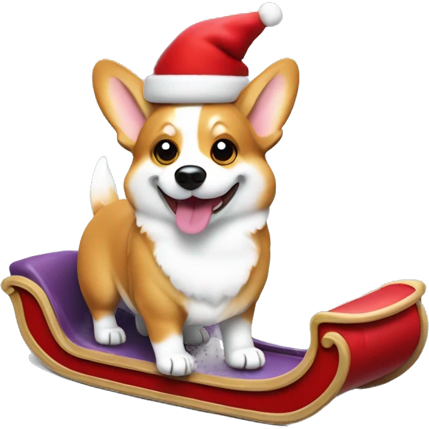 Cheerful Welsh corgi wearing a Santa hat, with a glowing red nose like Rudolph, pulling a tiny sleigh emoji