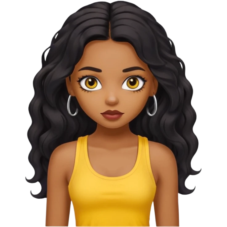a pretty bratz dusky girl with long wavy black hair, kajal under eyes, yellow tank top emoji