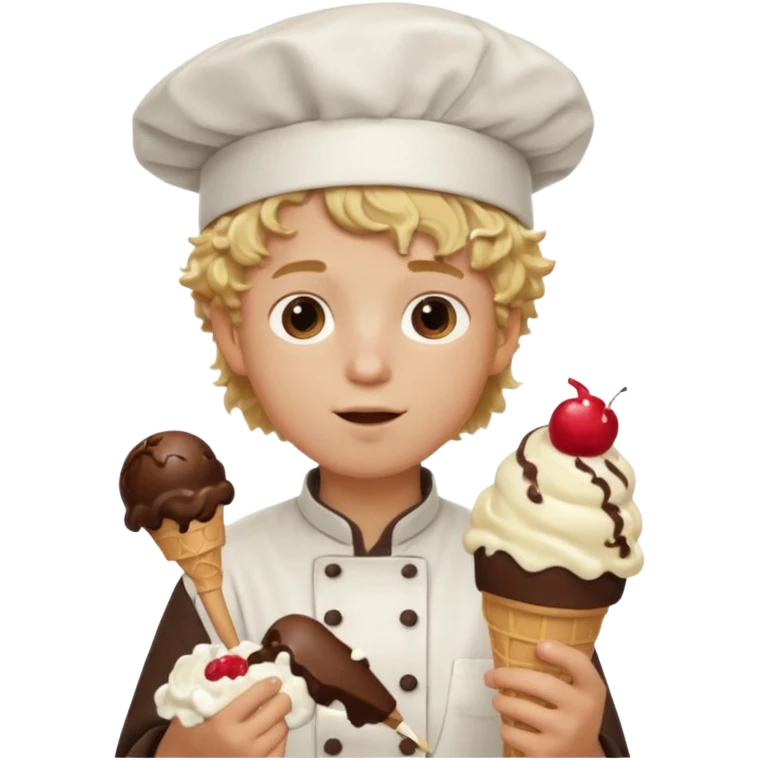 boy blonde curly hair, chef, eating big chocolate ice cream emoji