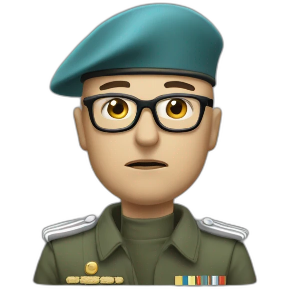 Realistic cyan beret bald very furious middle age general with glasses no hair furious very angry frown with khaki idf uniform emoji